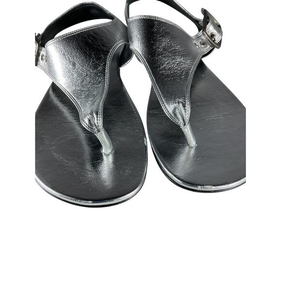 Saint Laurent Ankle Strap Silver Leather Flat Sandals - Picture 6 of 11